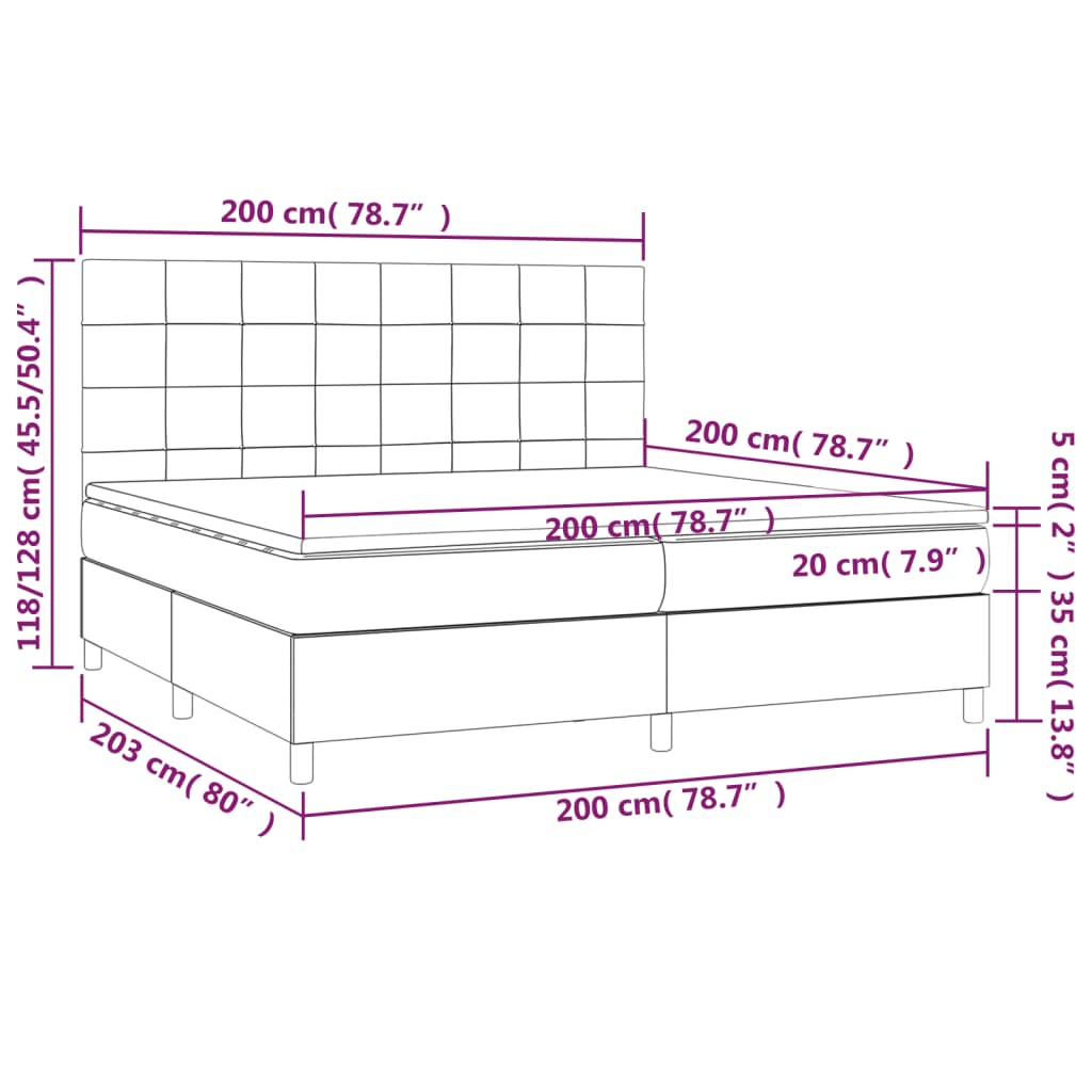 Sommier à lattes de lit et matelas et LED Noir 200x200 cm Tissu