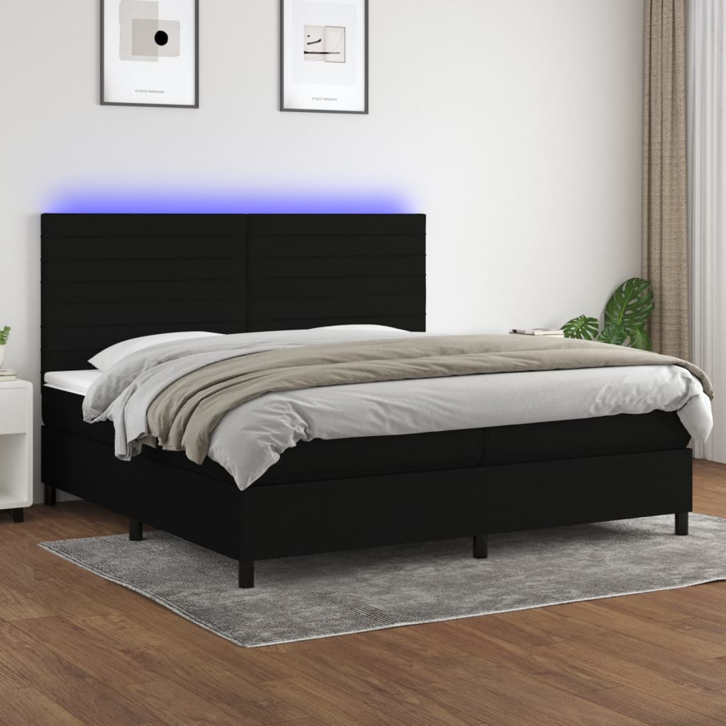 Sommier à lattes de lit et matelas et LED Noir 200x200 cm Tissu