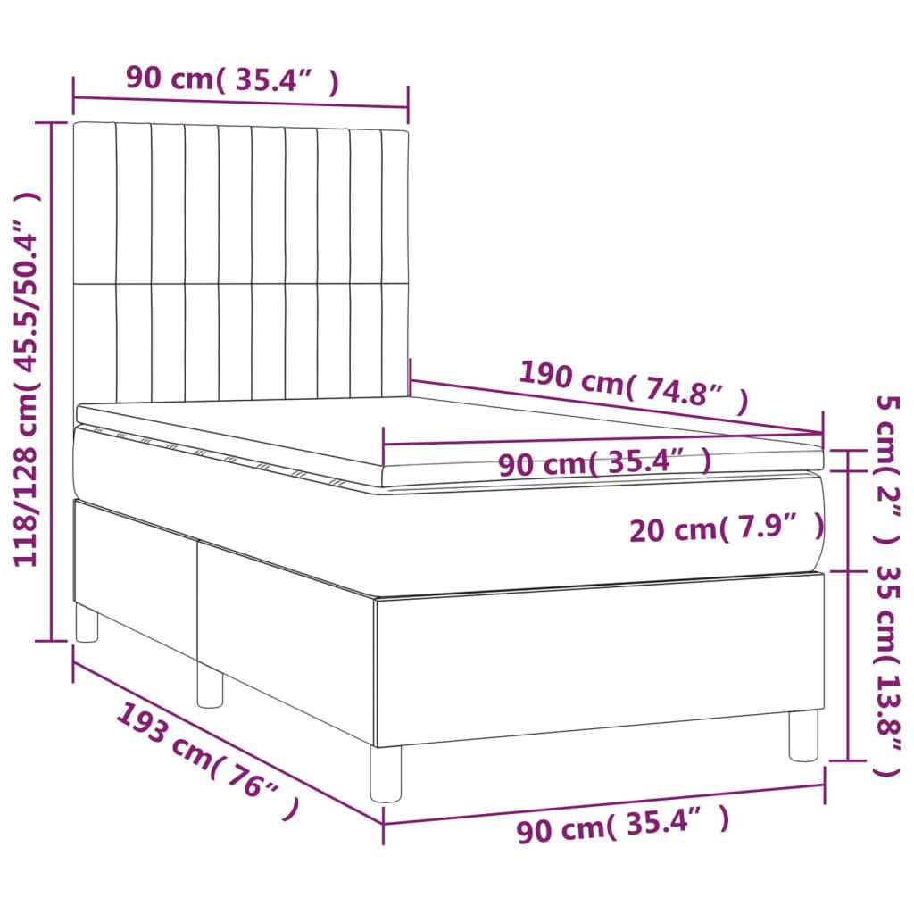 Sommier à lattes de lit avec matelas et LED Noir 90x190cm Tissu