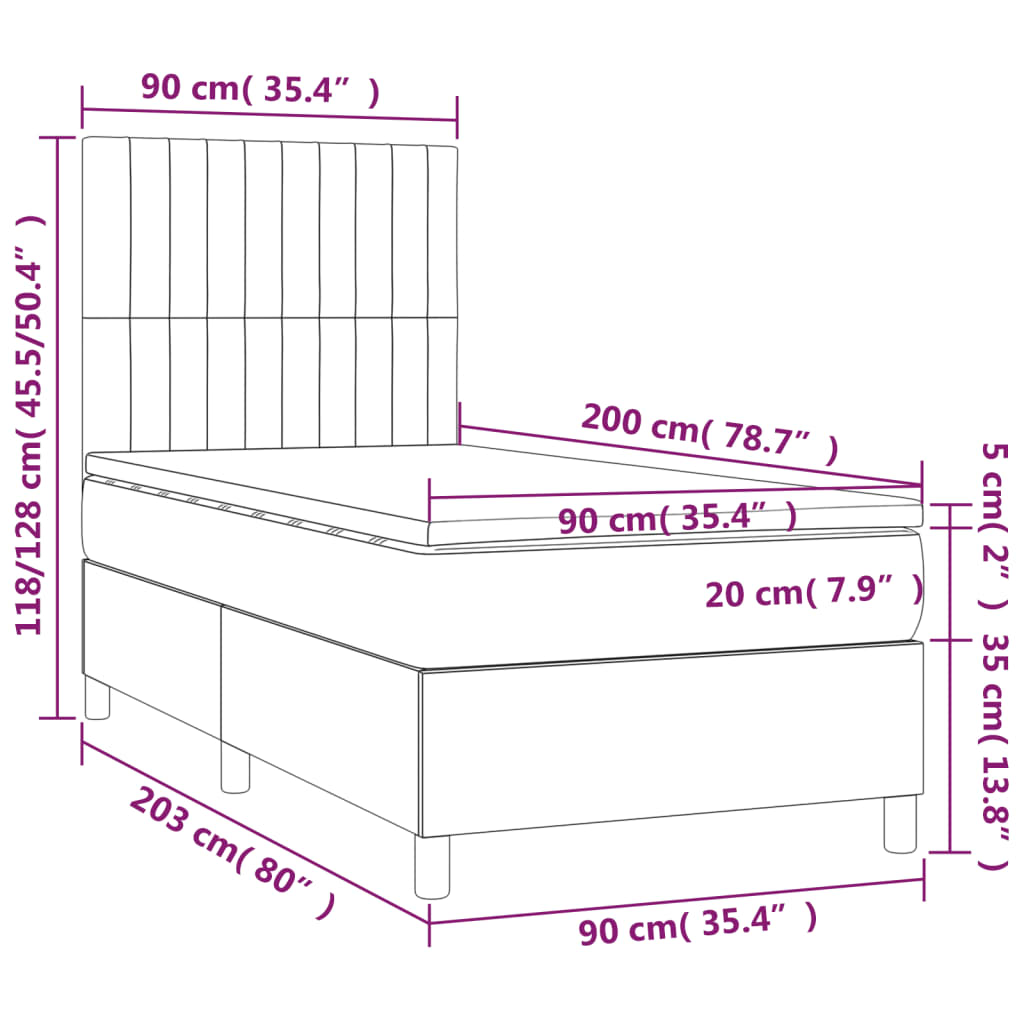 Sommier à lattes de lit avec matelas et LED Gris foncé 90x200cm