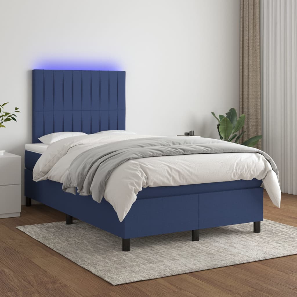 Sommier à lattes de lit et matelas et LED Bleu 120x200 cm Tissu