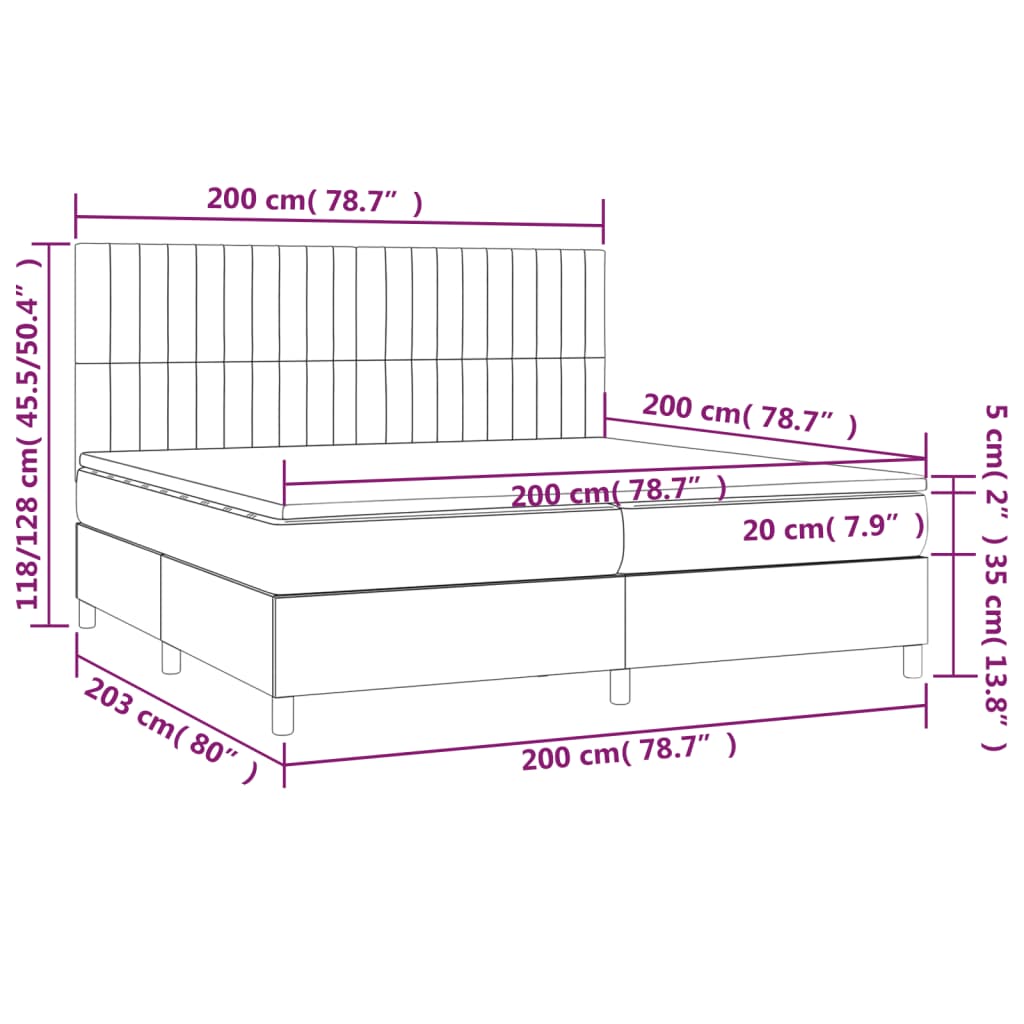 Sommier à lattes de lit et matelas et LED Noir 200x200 cm Tissu