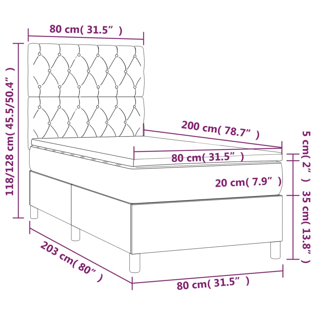 Sommier à lattes de lit avec matelas et LED Gris foncé 80x200cm