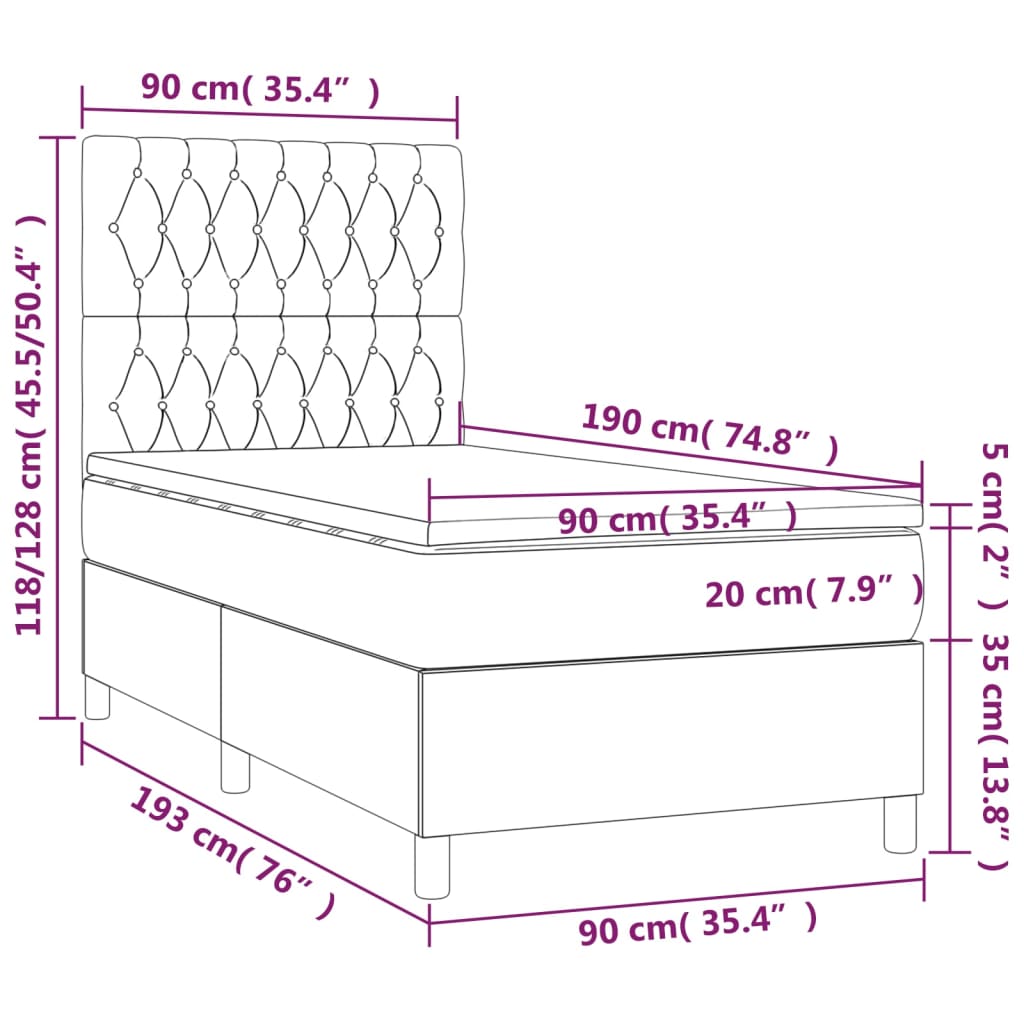 Sommier à lattes de lit avec matelas et LED Gris foncé 90x190cm