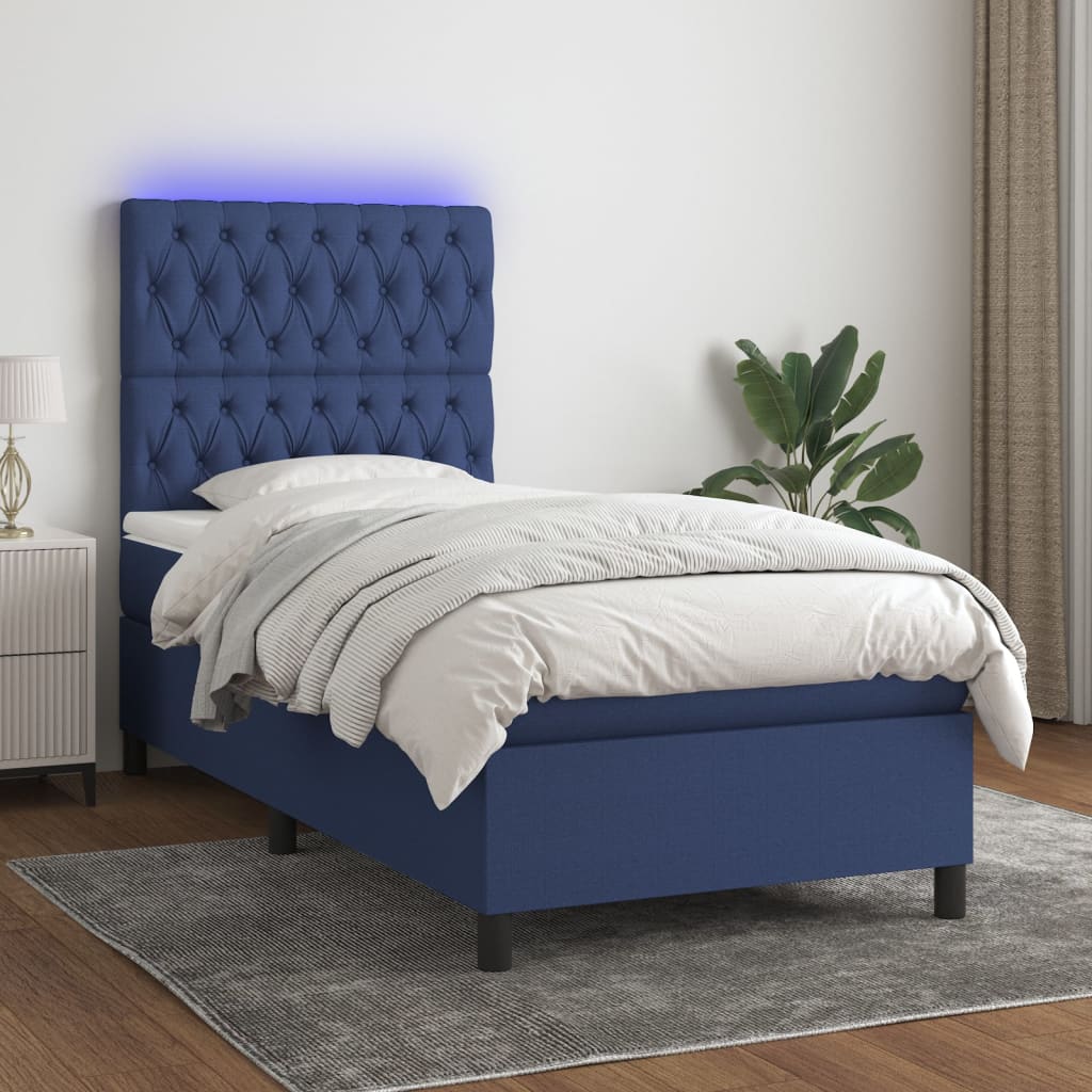 Sommier à lattes de lit avec matelas et LED Bleu 90x190cm Tissu