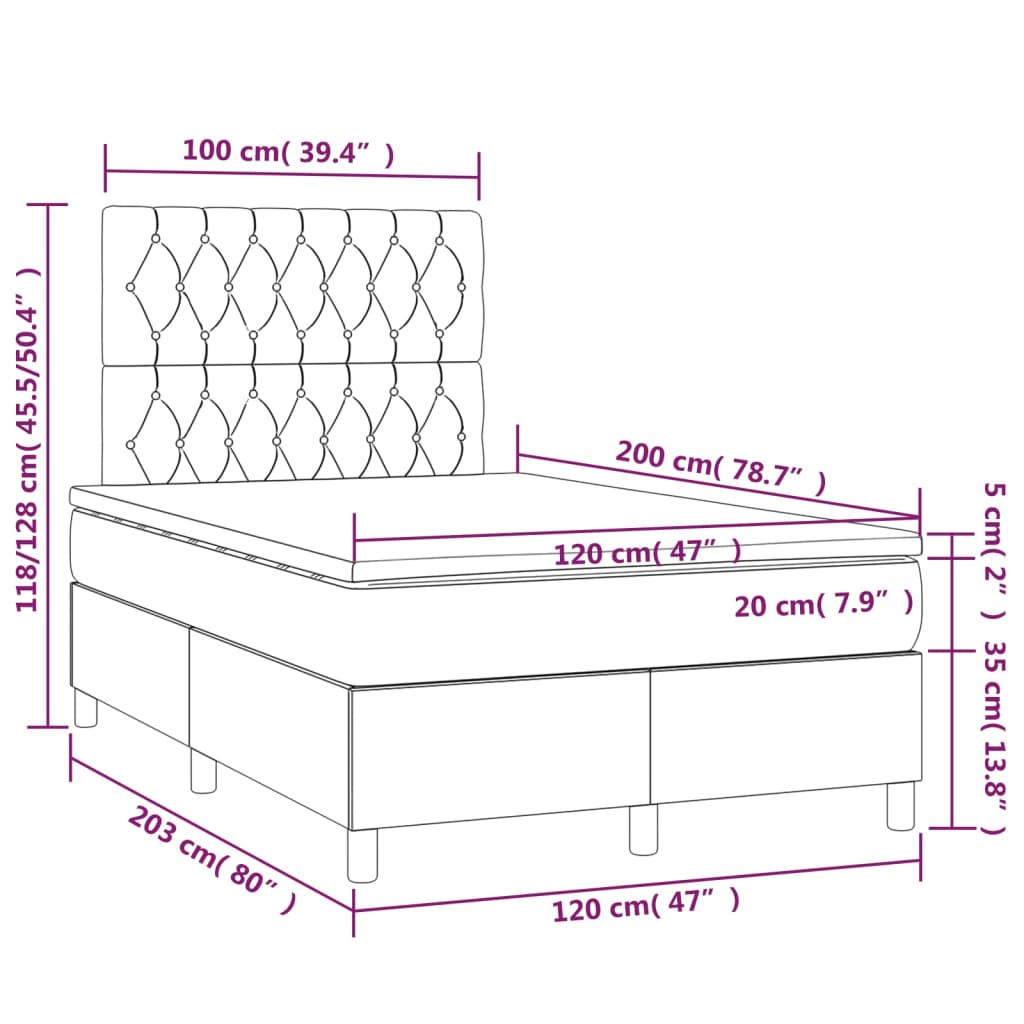 Sommier à lattes de lit et matelas et LED Taupe 120x200cm Tissu