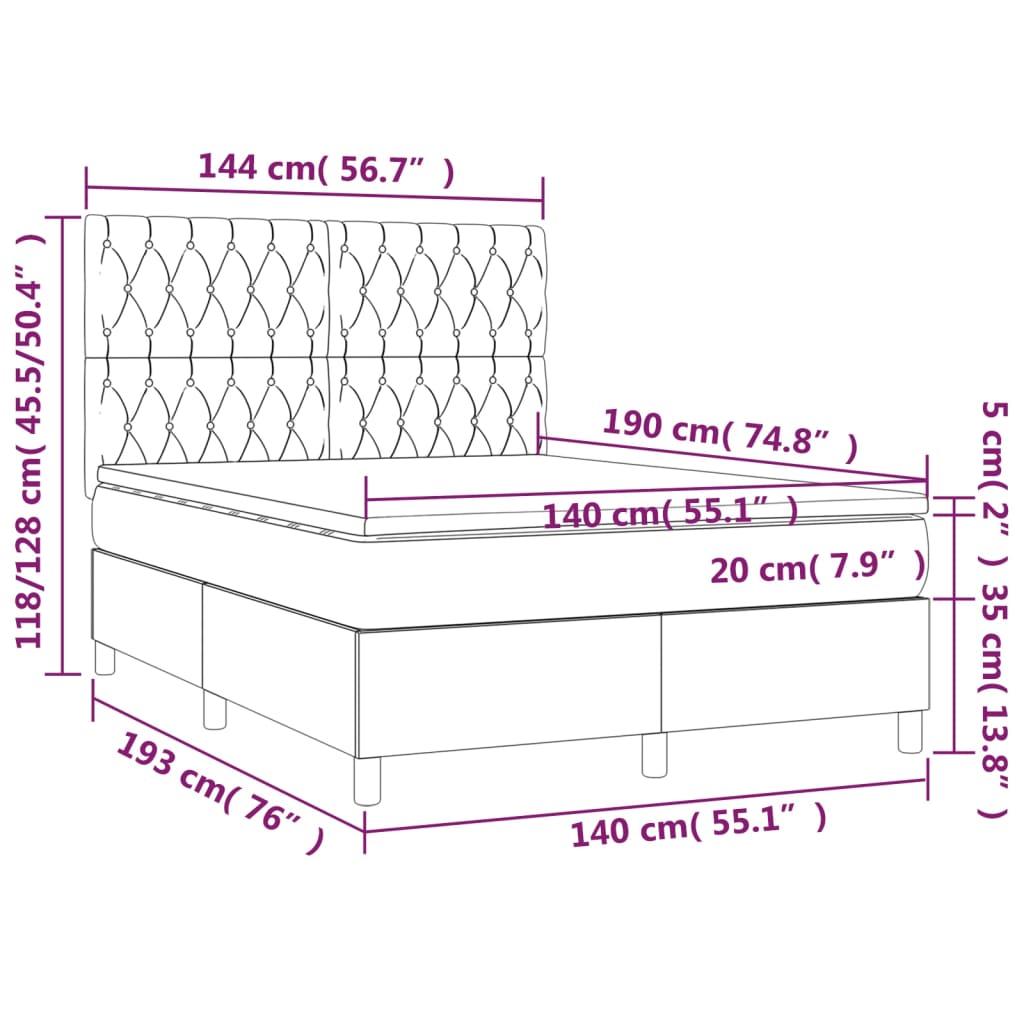 Sommier à lattes de lit et matelas et LED Noir 140x190 cm Tissu