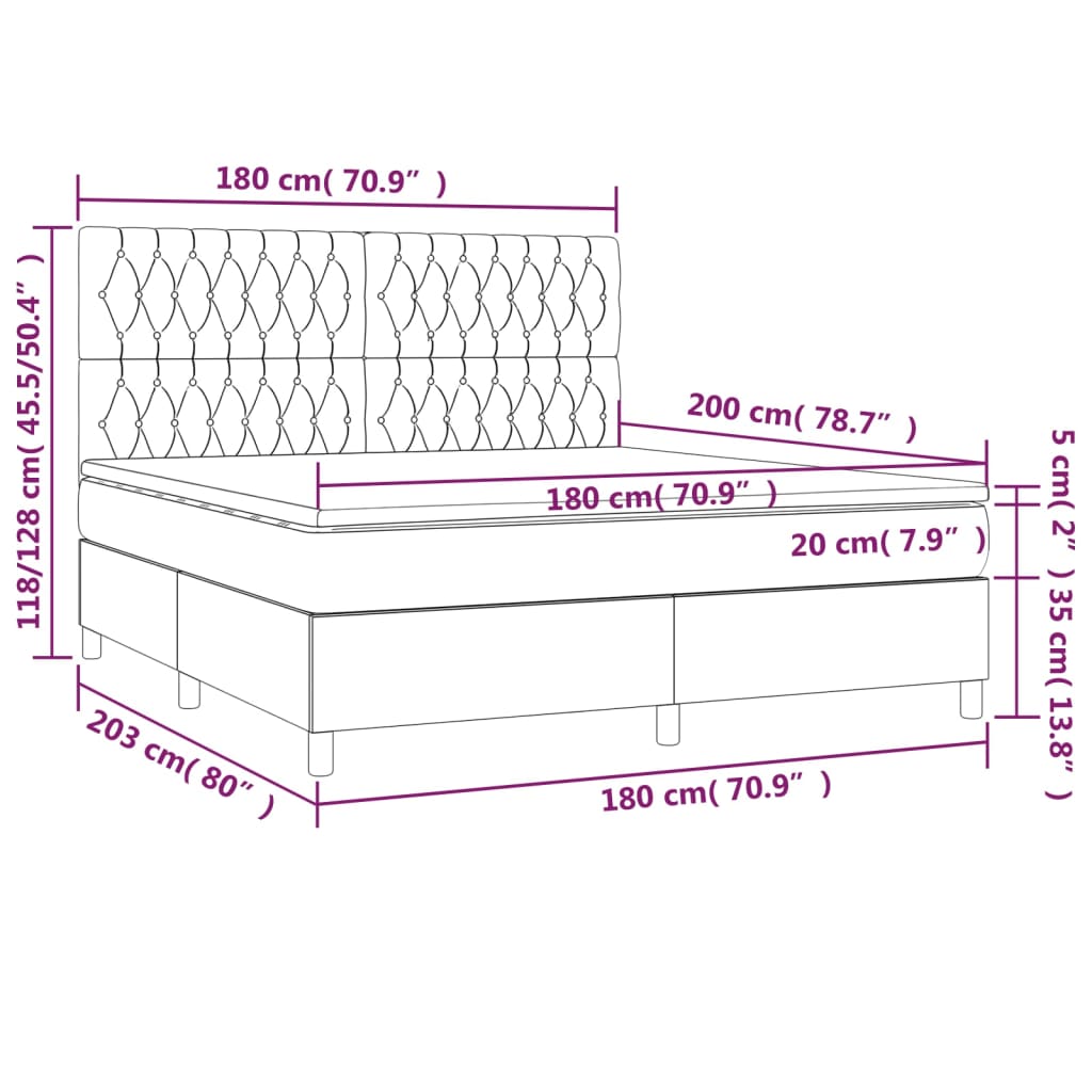 Sommier à lattes de lit et matelas et LED Noir 180x200 cm Tissu