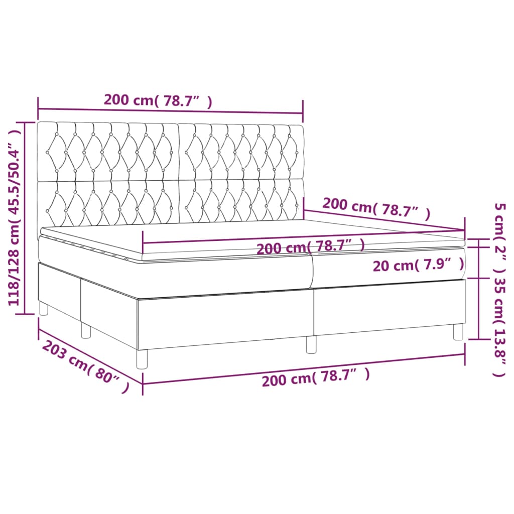 Sommier à lattes de lit et matelas et LED Noir 200x200 cm Tissu