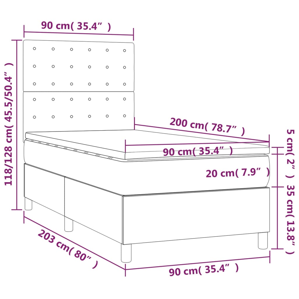 Sommier à lattes de lit avec matelas et LED Noir 90x200cm Tissu