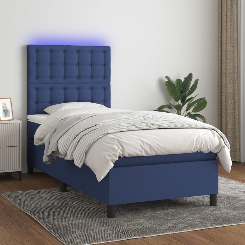 Sommier à lattes de lit et matelas et LED Bleu 100x200 cm Tissu