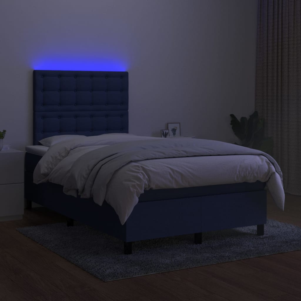 Sommier à lattes de lit et matelas et LED Bleu 120x200 cm Tissu