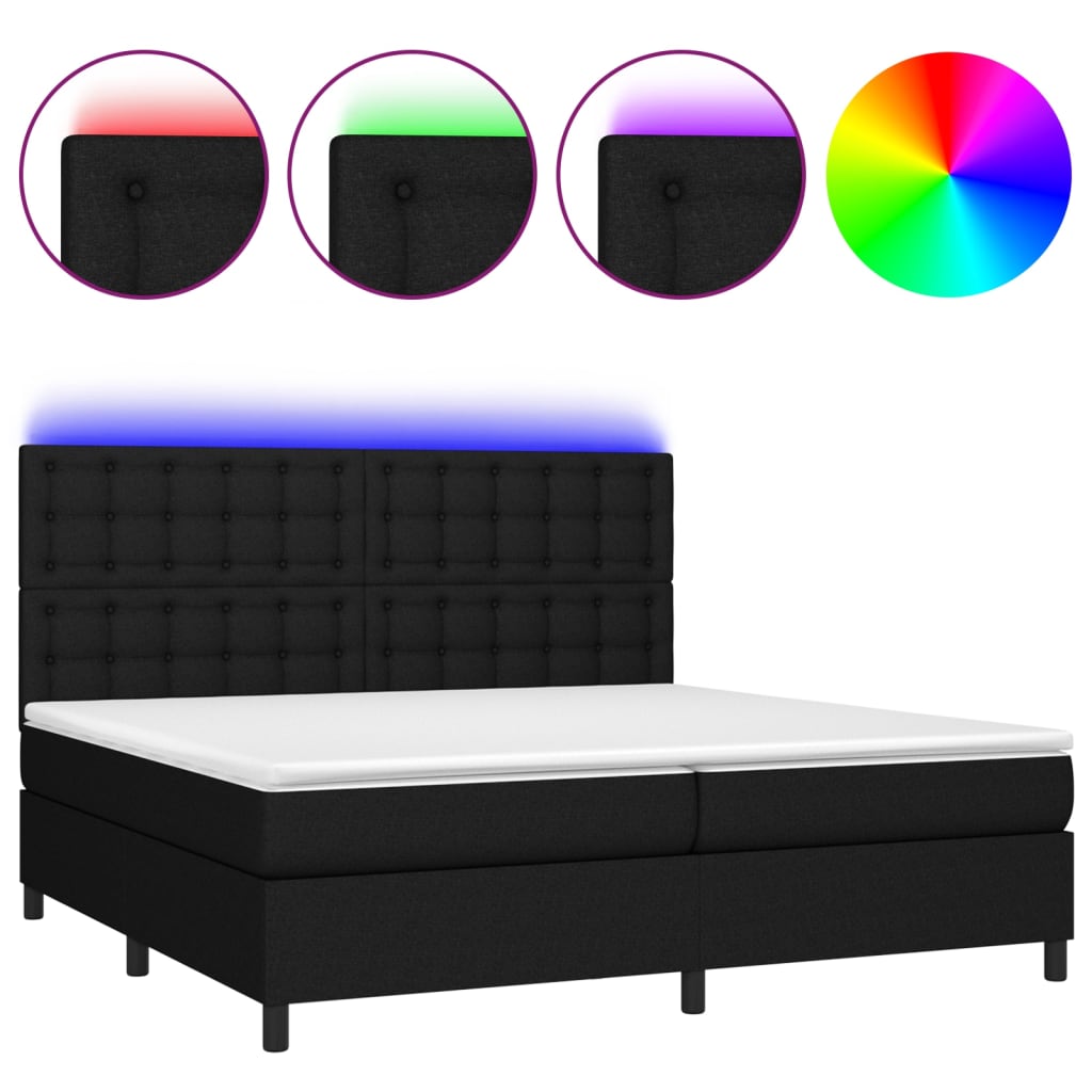 Sommier à lattes de lit et matelas et LED Noir 200x200 cm Tissu