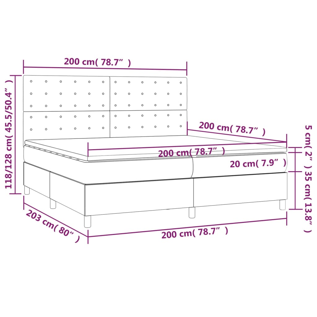 Sommier à lattes de lit et matelas et LED Noir 200x200 cm Tissu