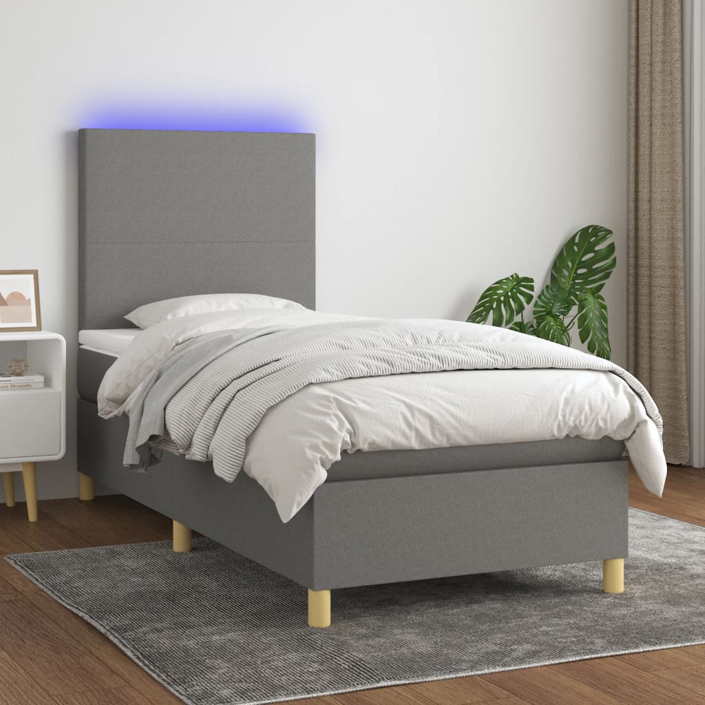 Sommier à lattes de lit avec matelas et LED Gris foncé 90x190cm