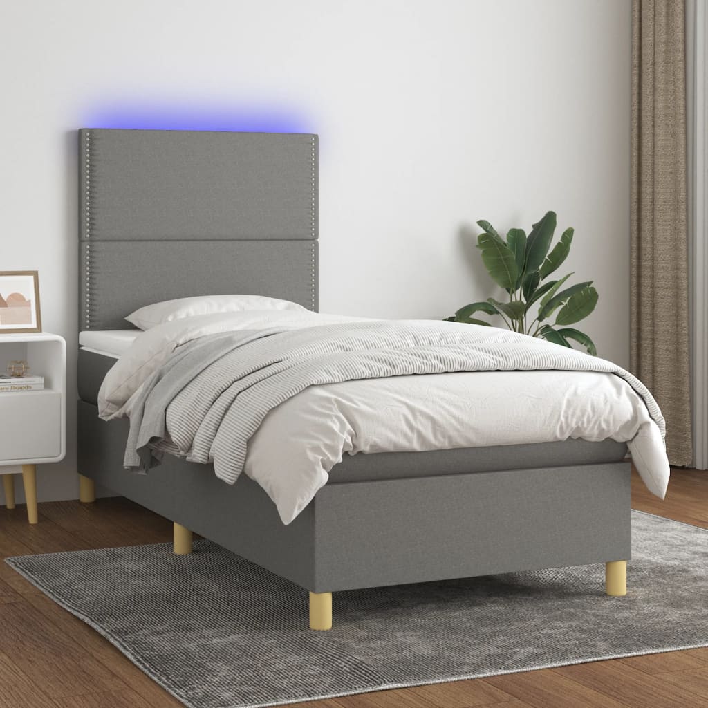 Sommier à lattes de lit avec matelas et LED Gris foncé 90x190cm