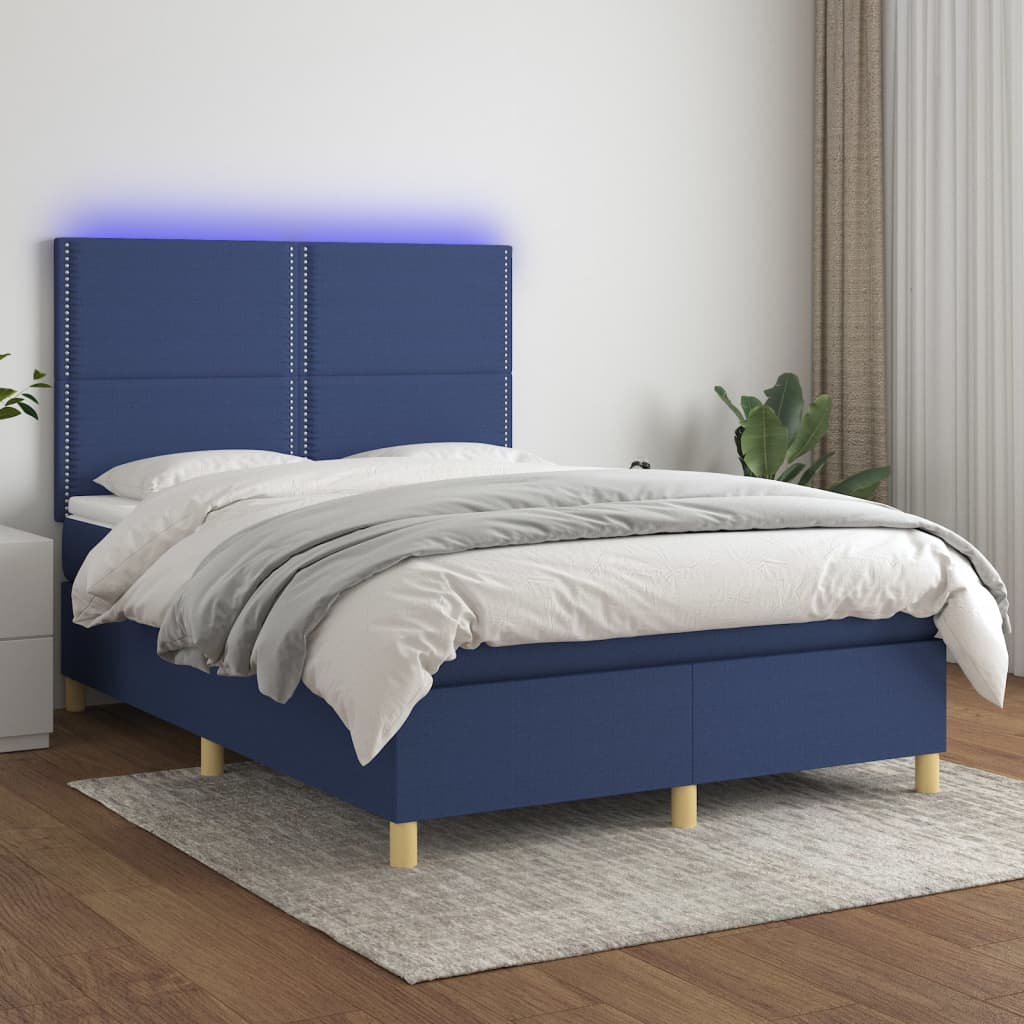 Sommier à lattes de lit et matelas et LED Bleu 140x190 cm Tissu