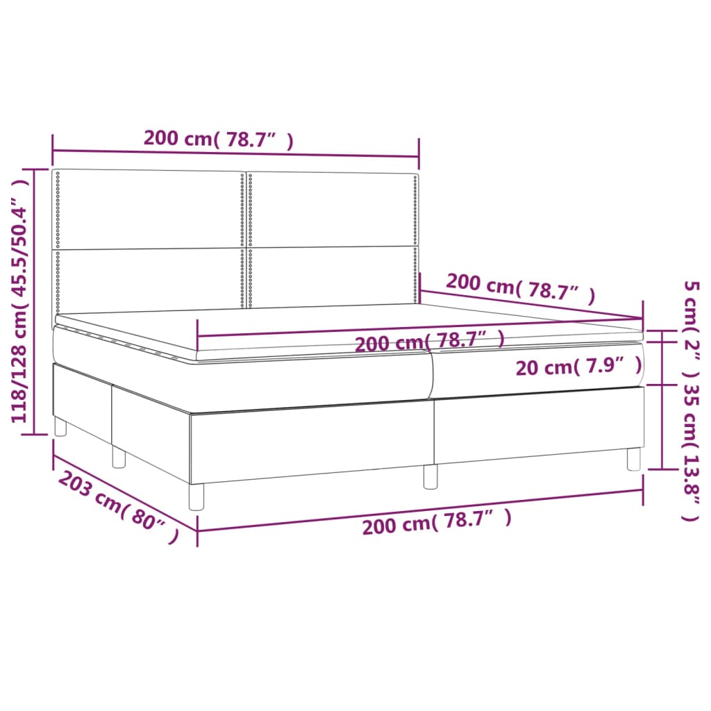 Sommier à lattes de lit et matelas et LED Gris foncé 200x200 cm