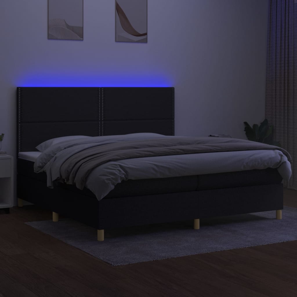 Sommier à lattes de lit et matelas et LED Noir 200x200 cm Tissu