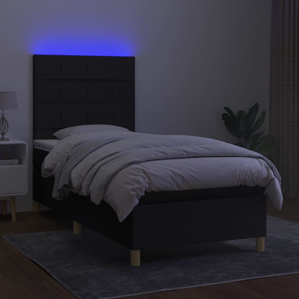 Sommier à lattes de lit et matelas et LED Noir 100x200 cm Tissu