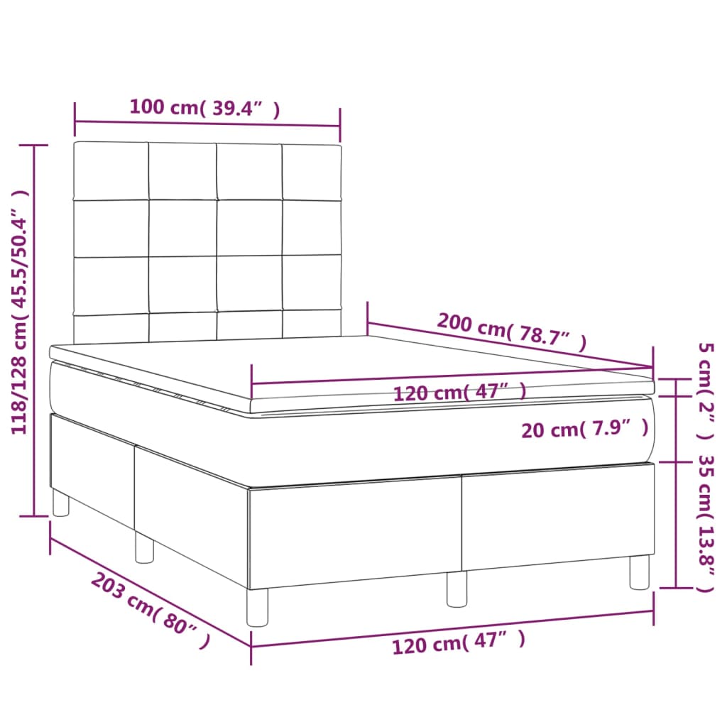 Sommier à lattes de lit et matelas et LED Noir 120x200 cm Tissu