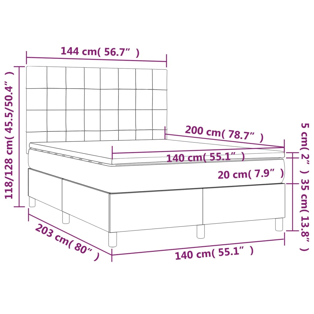 Sommier à lattes de lit et matelas et LED Taupe 140x200cm Tissu