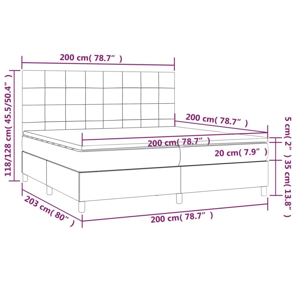 Sommier à lattes de lit et matelas et LED Gris foncé 200x200 cm