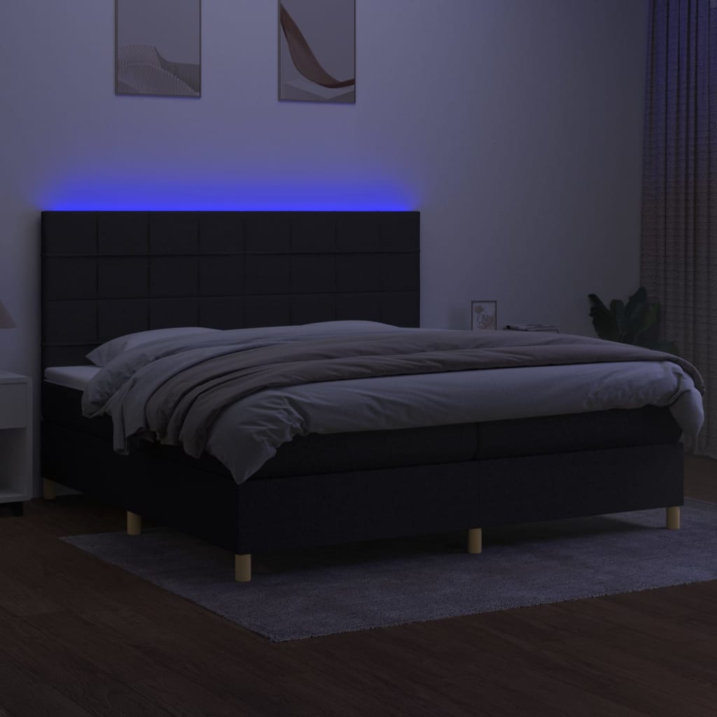 Sommier à lattes de lit et matelas et LED Noir 200x200 cm Tissu