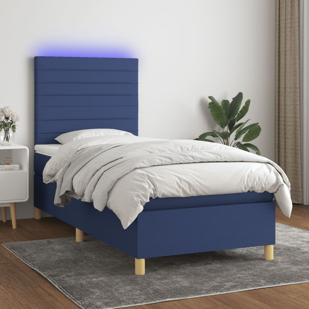 Sommier à lattes de lit et matelas et LED Bleu 100x200 cm Tissu