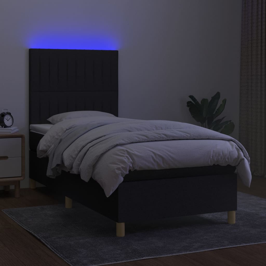 Sommier à lattes de lit et matelas et LED Noir 90x200 cm Tissu