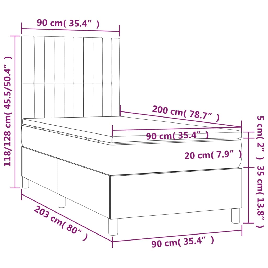 Sommier à lattes de lit et matelas et LED Noir 90x200 cm Tissu