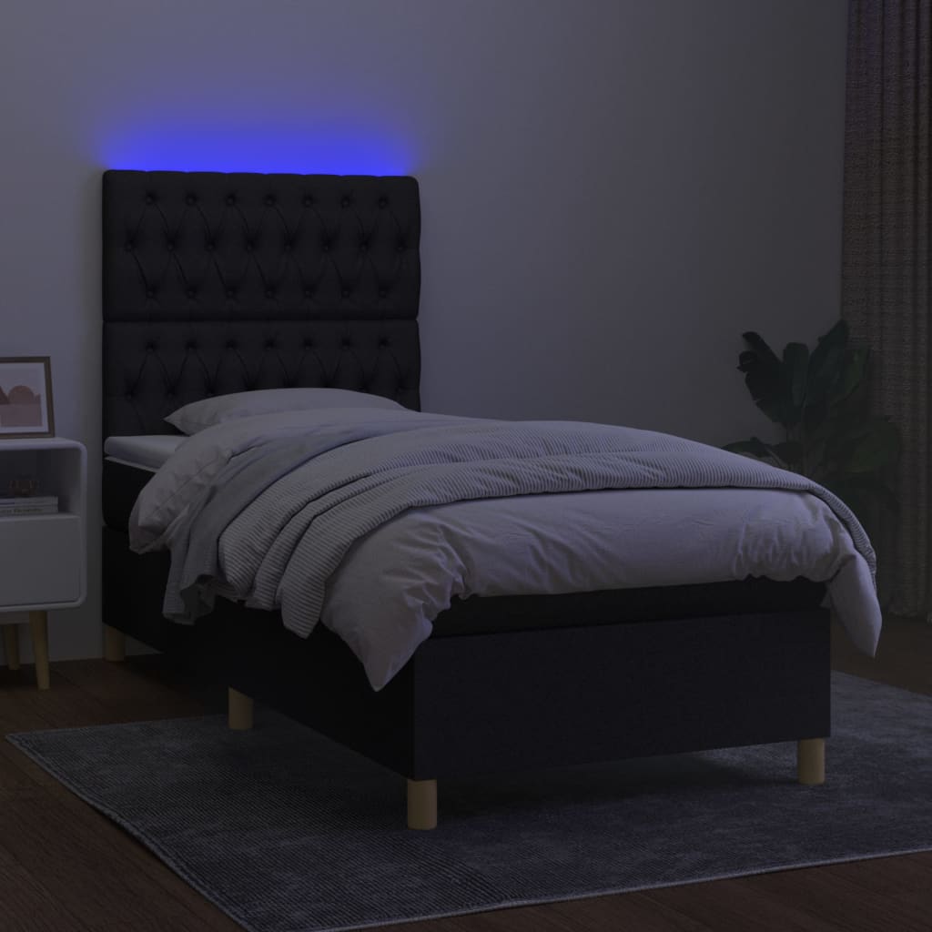 Sommier à lattes de lit et matelas et LED Noir 90x200 cm Tissu