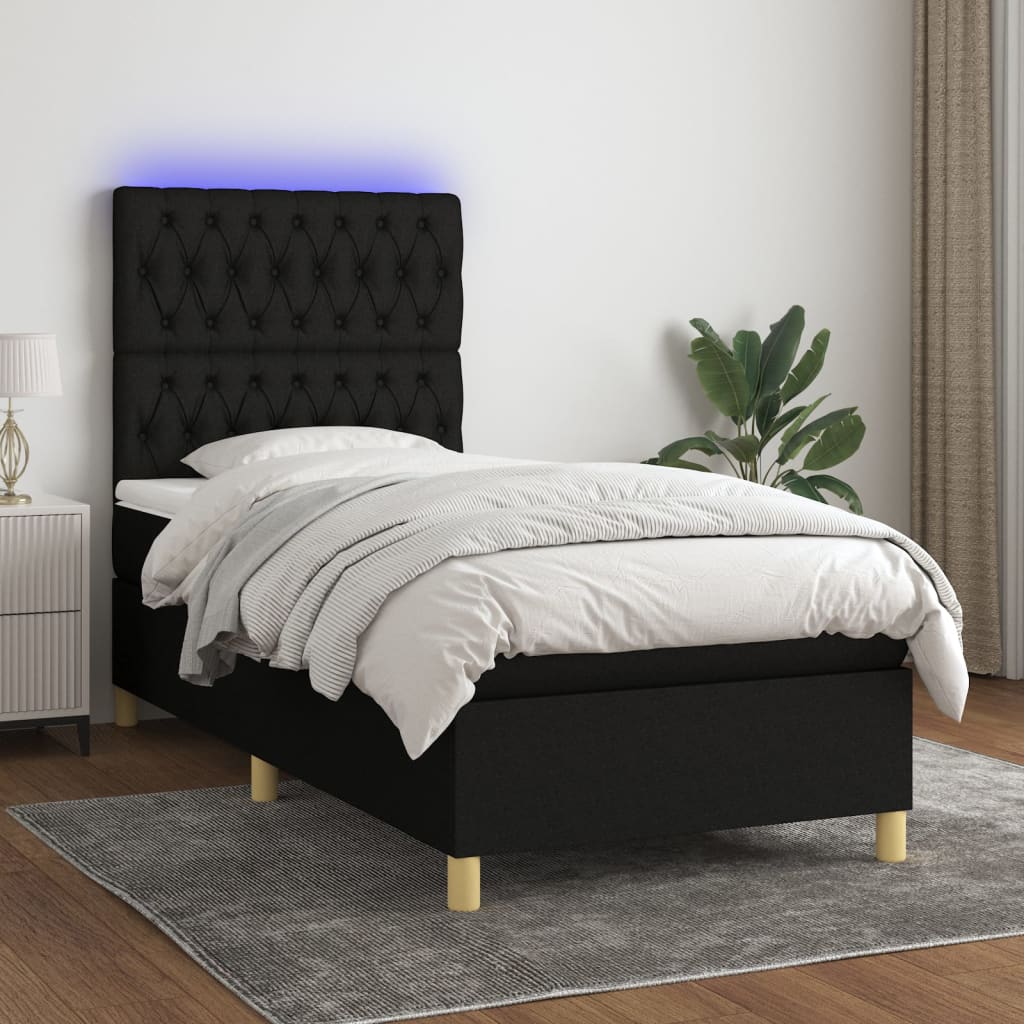 Sommier à lattes de lit et matelas et LED Noir 90x200 cm Tissu