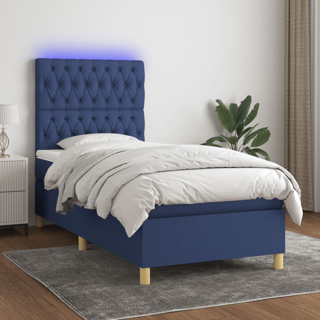 Sommier à lattes de lit et matelas et LED Bleu 100x200 cm Tissu