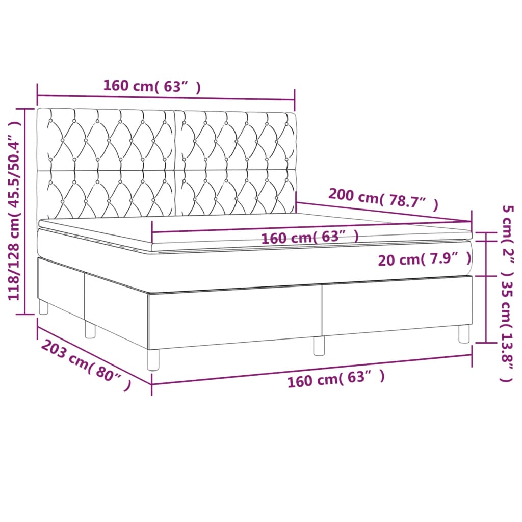 Sommier à lattes de lit et matelas et LED Noir 160x200 cm Tissu