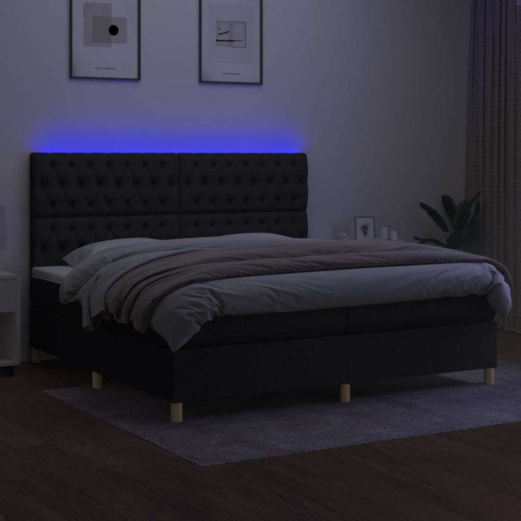 Sommier à lattes de lit et matelas et LED Noir 200x200 cm Tissu