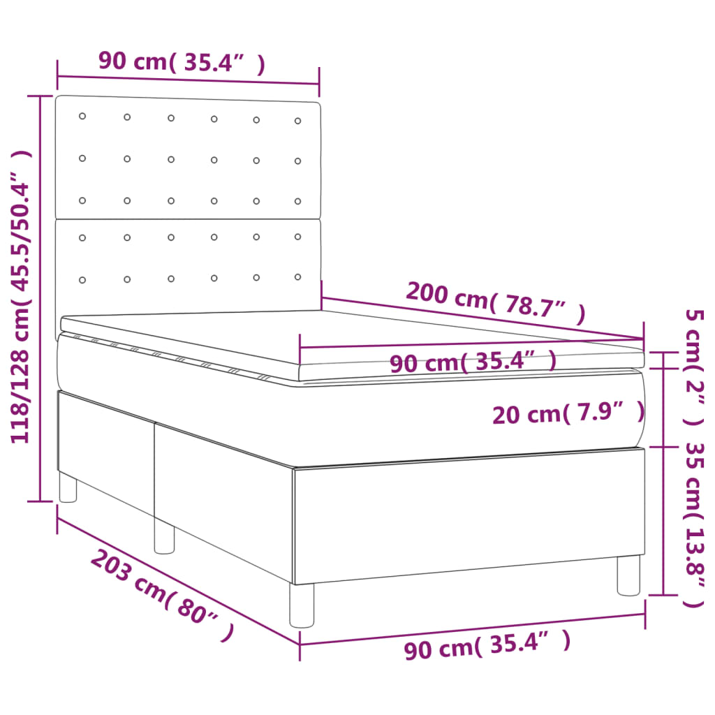 Sommier à lattes de lit et matelas et LED Noir 90x200 cm Tissu