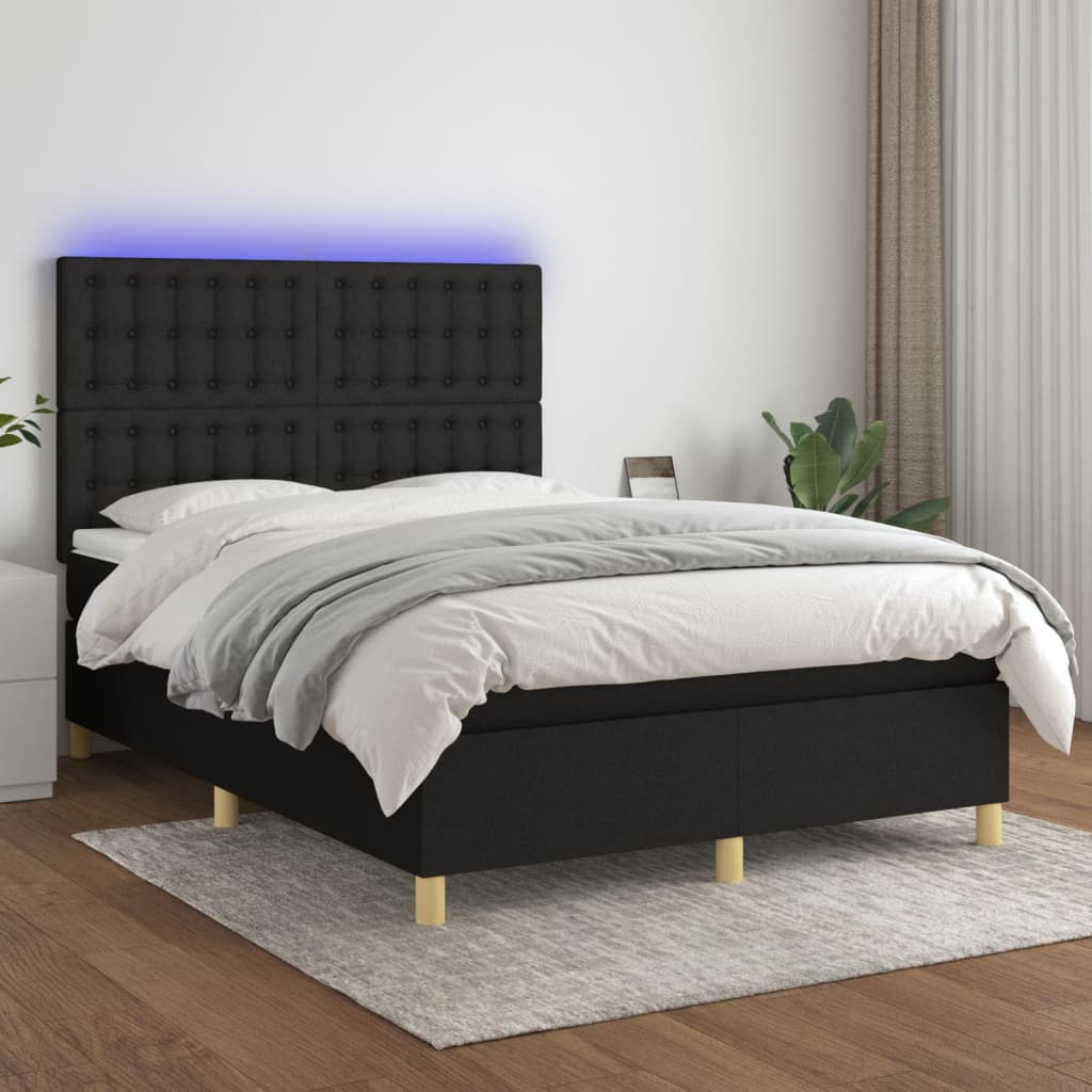 Sommier à lattes de lit et matelas et LED Noir 140x190 cm Tissu