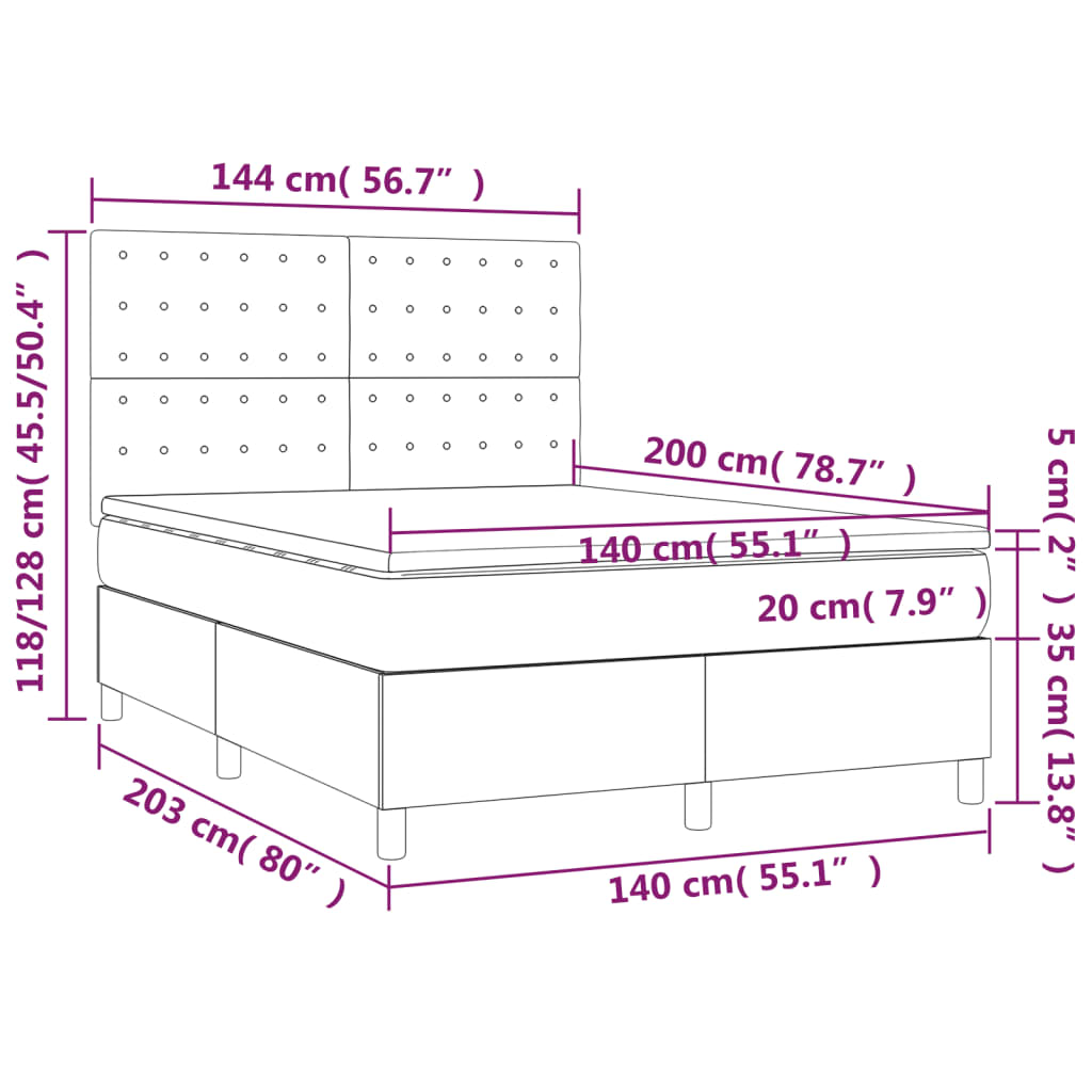 Sommier à lattes de lit et matelas et LED Bleu 140x200 cm Tissu