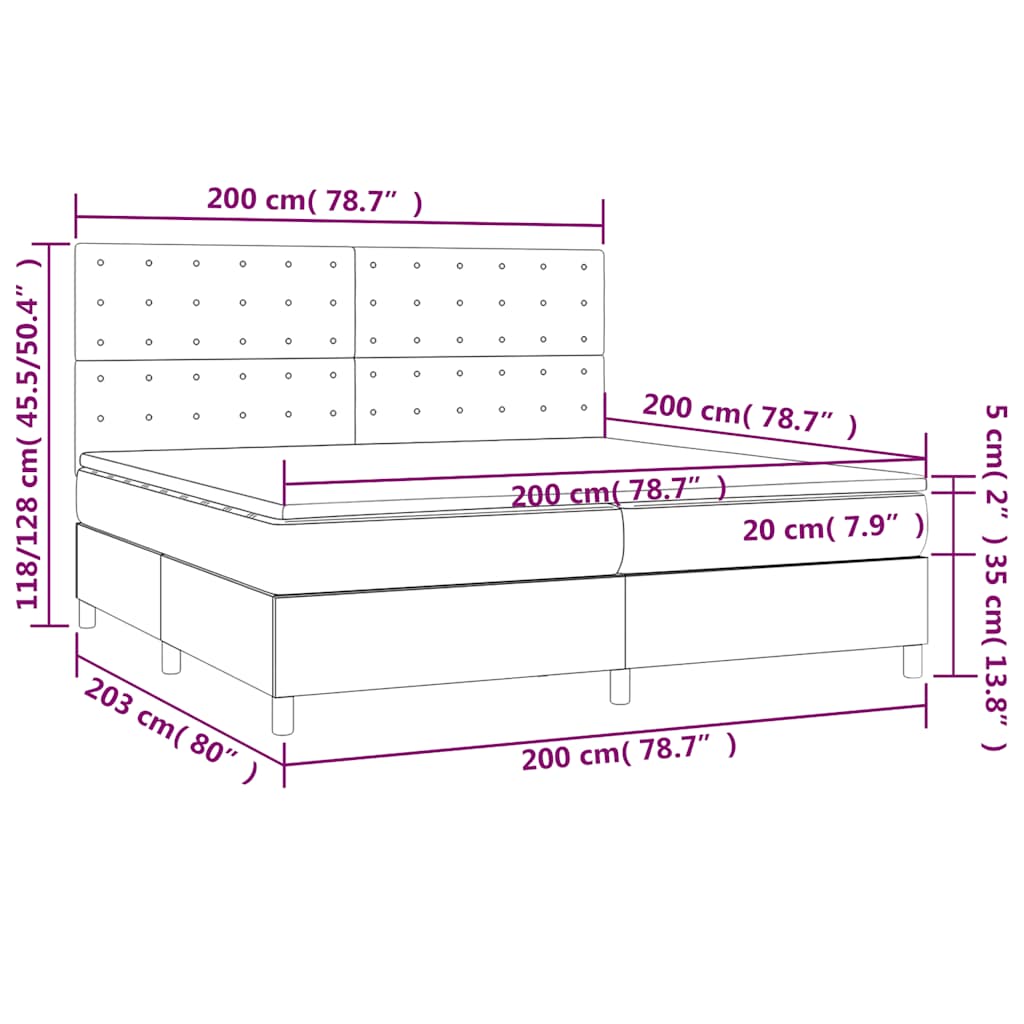 Sommier à lattes de lit et matelas et LED Gris foncé 200x200 cm