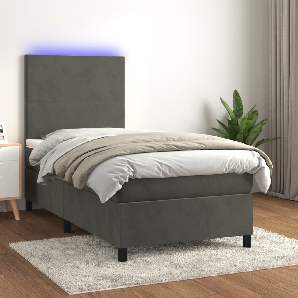 Sommier à lattes de lit avec matelas et LED Gris foncé 90x190cm