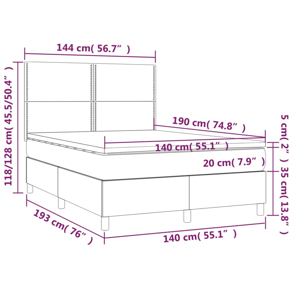 Sommier à lattes de lit matelas et LED Gris clair 140x190 cm