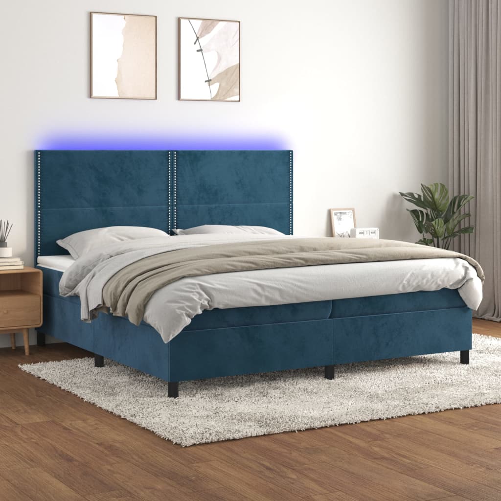 Sommier à lattes de lit matelas et LED Bleu foncé 200x200 cm