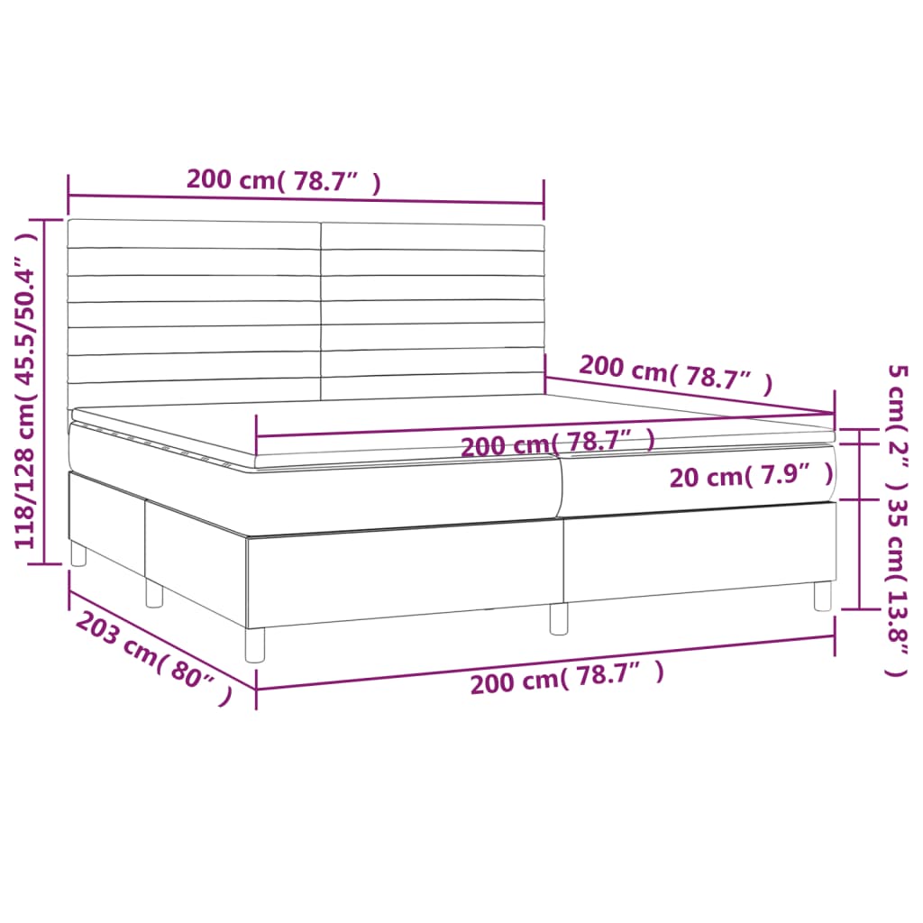 Sommier à lattes de lit avec matelas LED Noir 200x200cm Velours