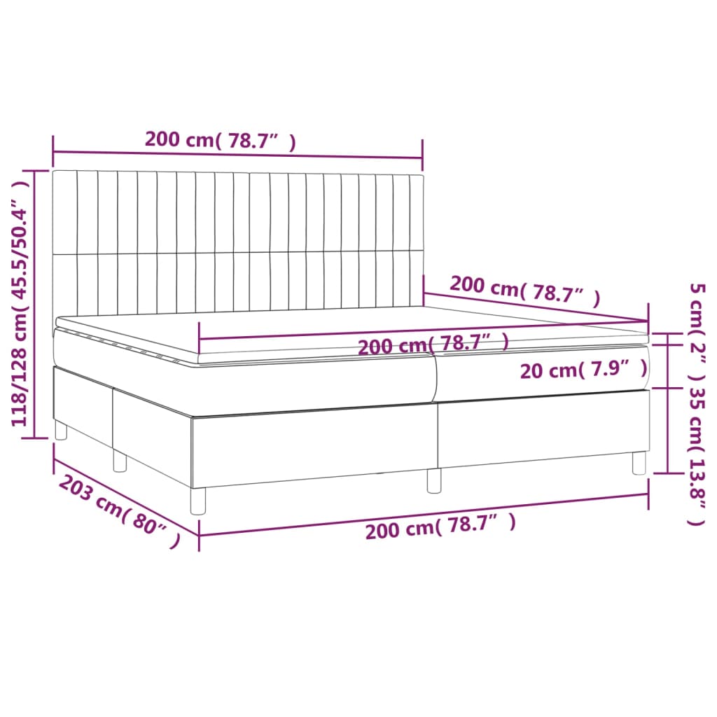 Sommier à lattes de lit matelas et LED Rose 200x200 cm Velours