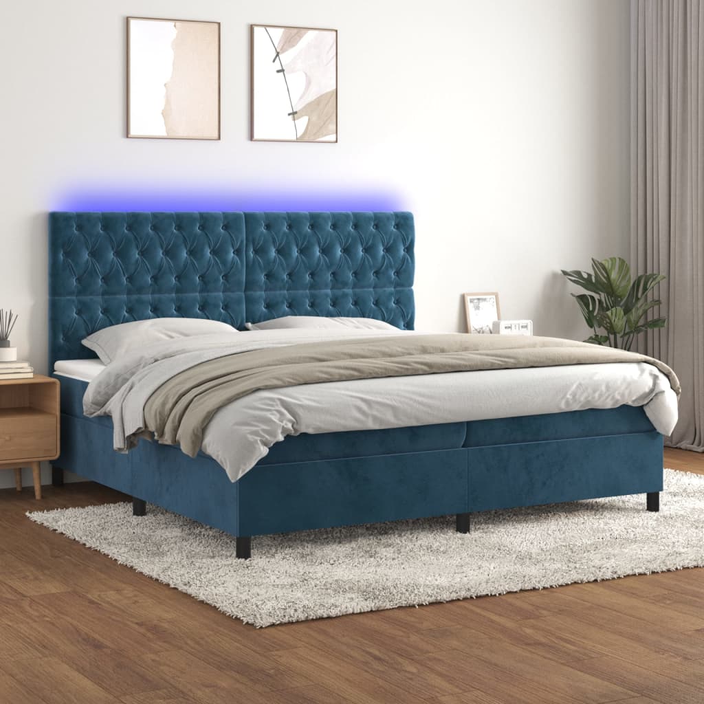 Sommier à lattes de lit matelas et LED Bleu foncé 200x200 cm