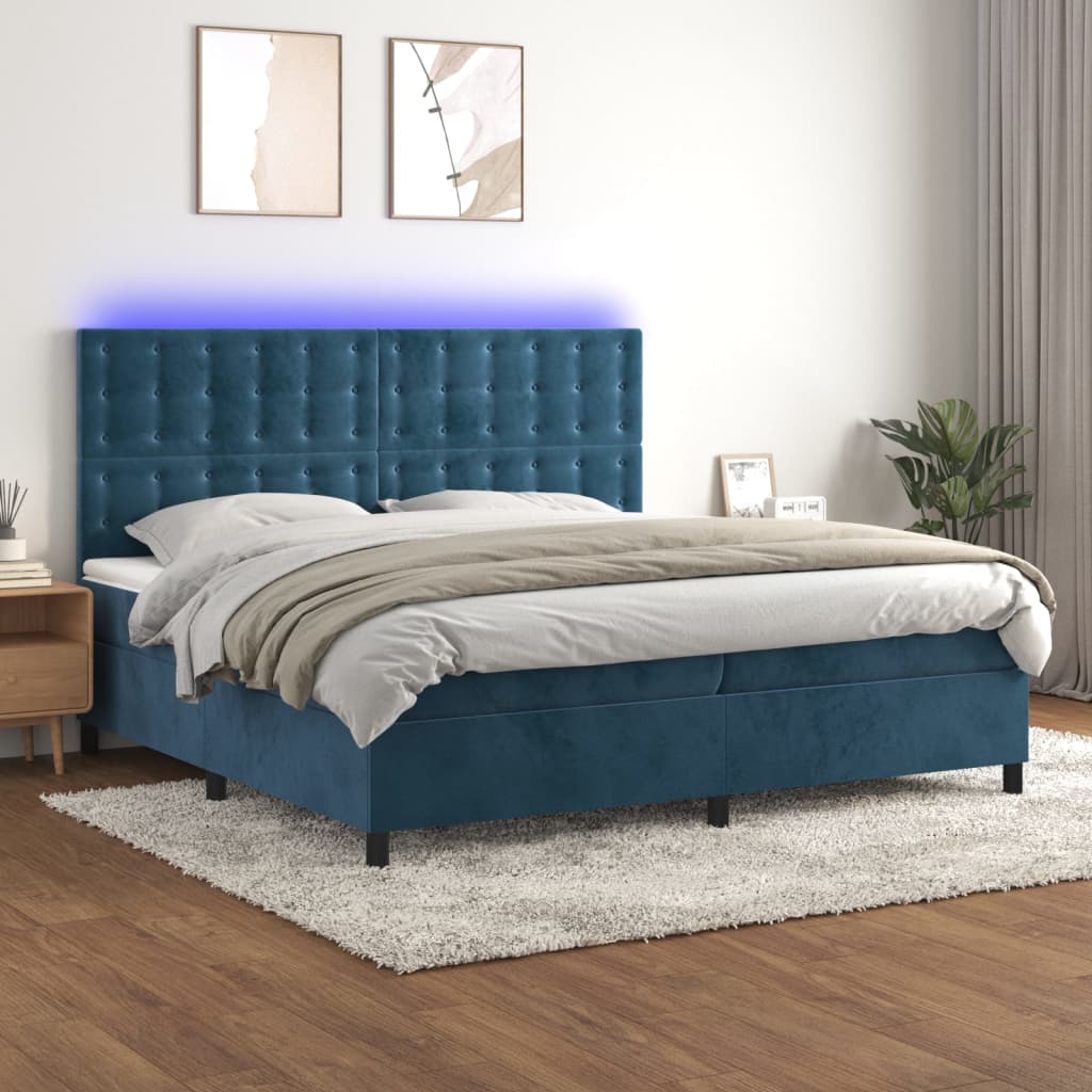 Sommier à lattes de lit matelas et LED Bleu foncé 200x200 cm