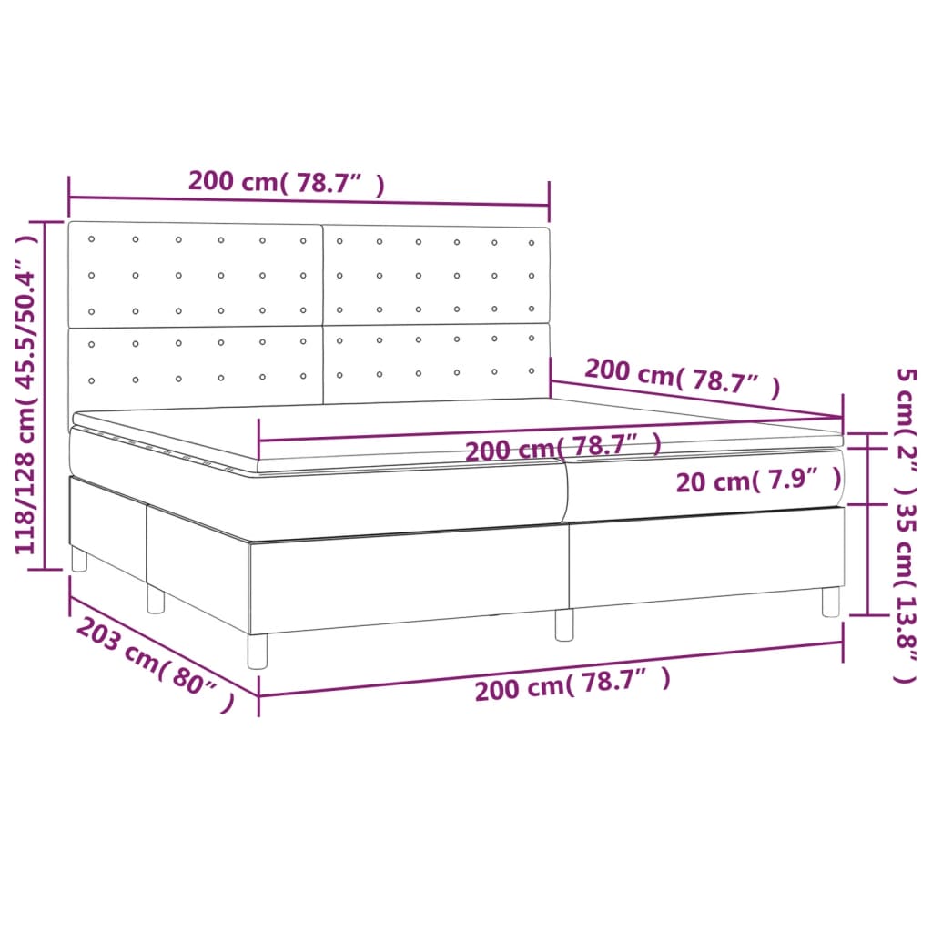 Sommier à lattes de lit matelas et LED Rose 200x200 cm Velours