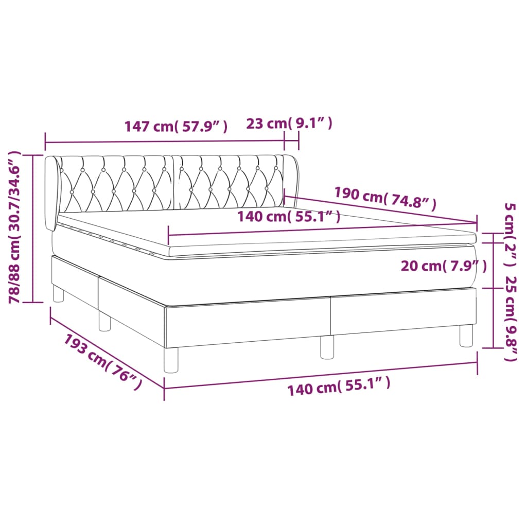 Sommier à lattes de lit avec matelas Noir 140x190 cm Tissu