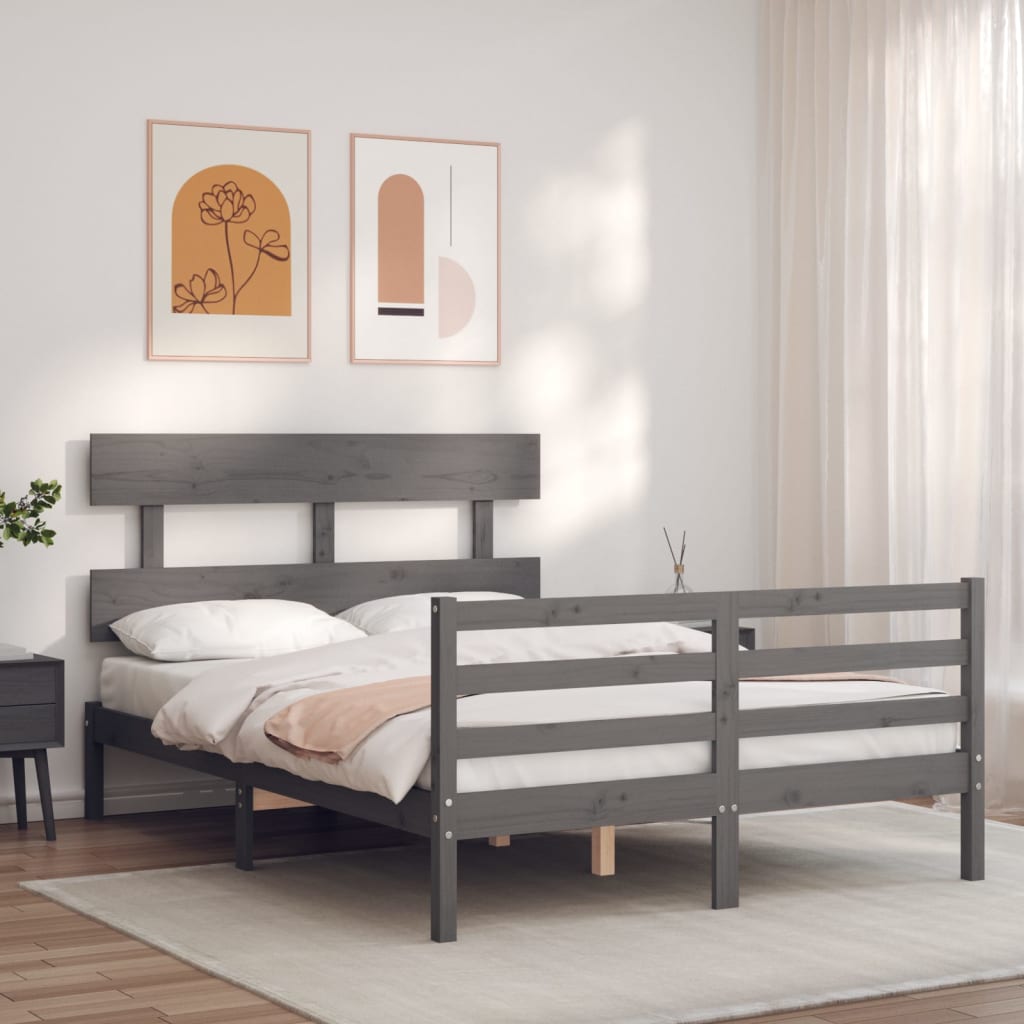 Cadre de lit sans matelas gris bois massif